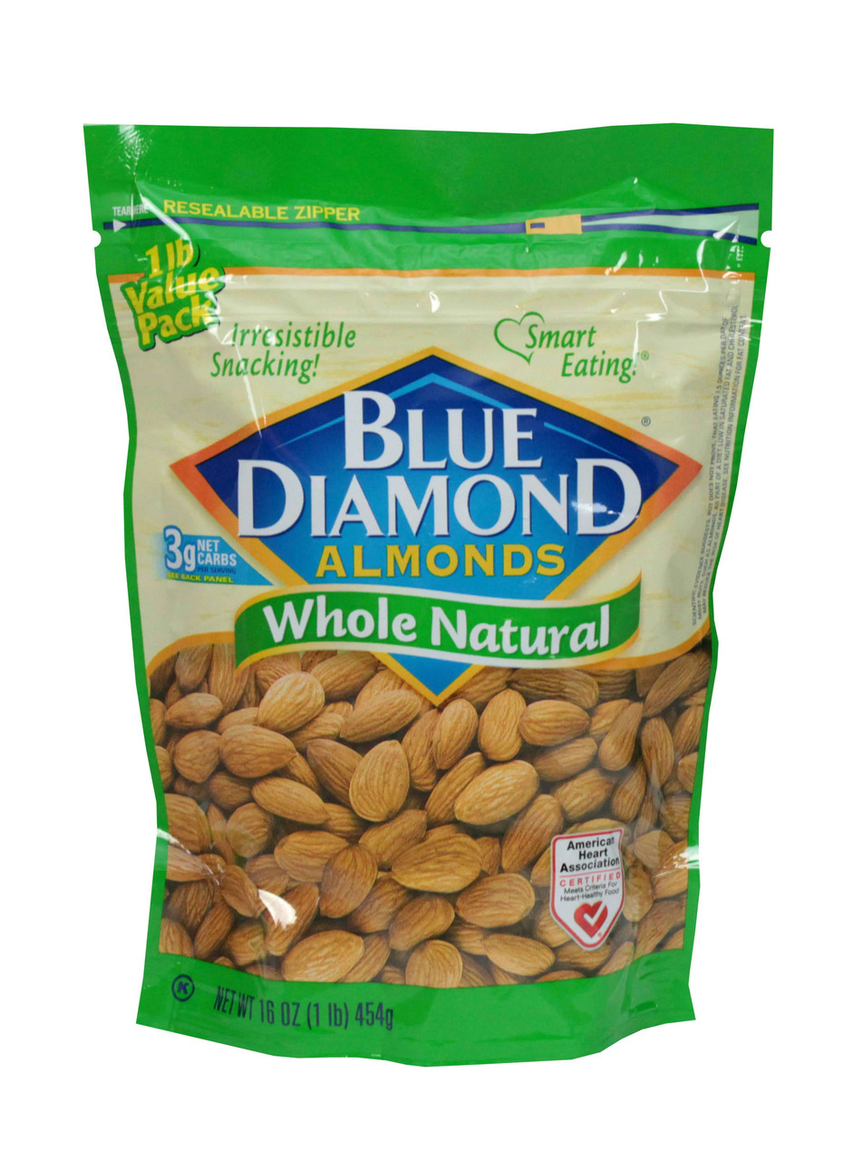 Blue Diamond Almonds Whole Natural, 16 Ounce, Pack of 6