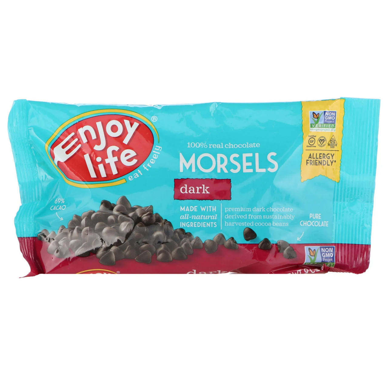 Enjoy Life Vegan Dark Chocolate Baking Morsels, 9 Ounce Bag, 12 per Case