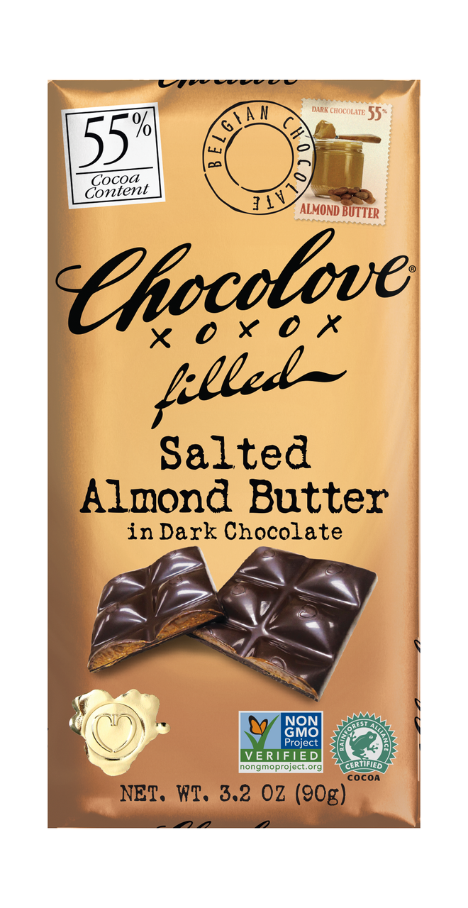 Chocolove Filled Salted Almond Butter in Dark Chocolate (master case), 3.2 Ounce, Case of 12