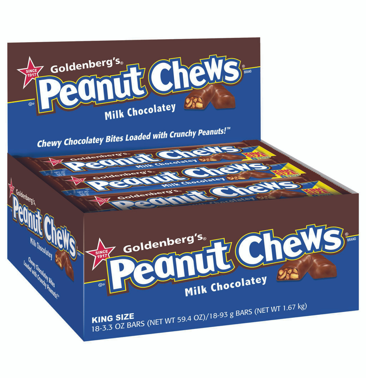 Goldenberg s Peanut Chews Milk Chocolatey, King Size, 18 Bars per Carton, Pack of 8