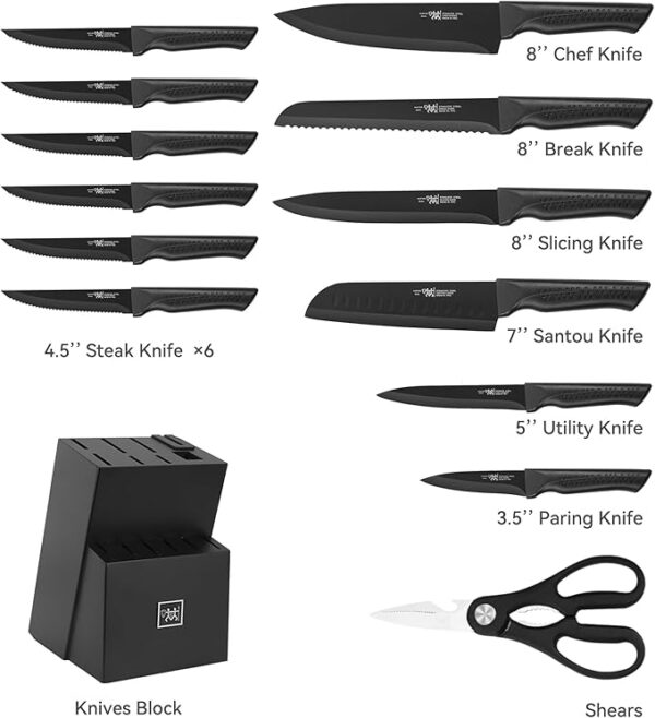 Knife Set, 15 Pcs Kitchen Knife Set with Block Self Sharpening - Image 3