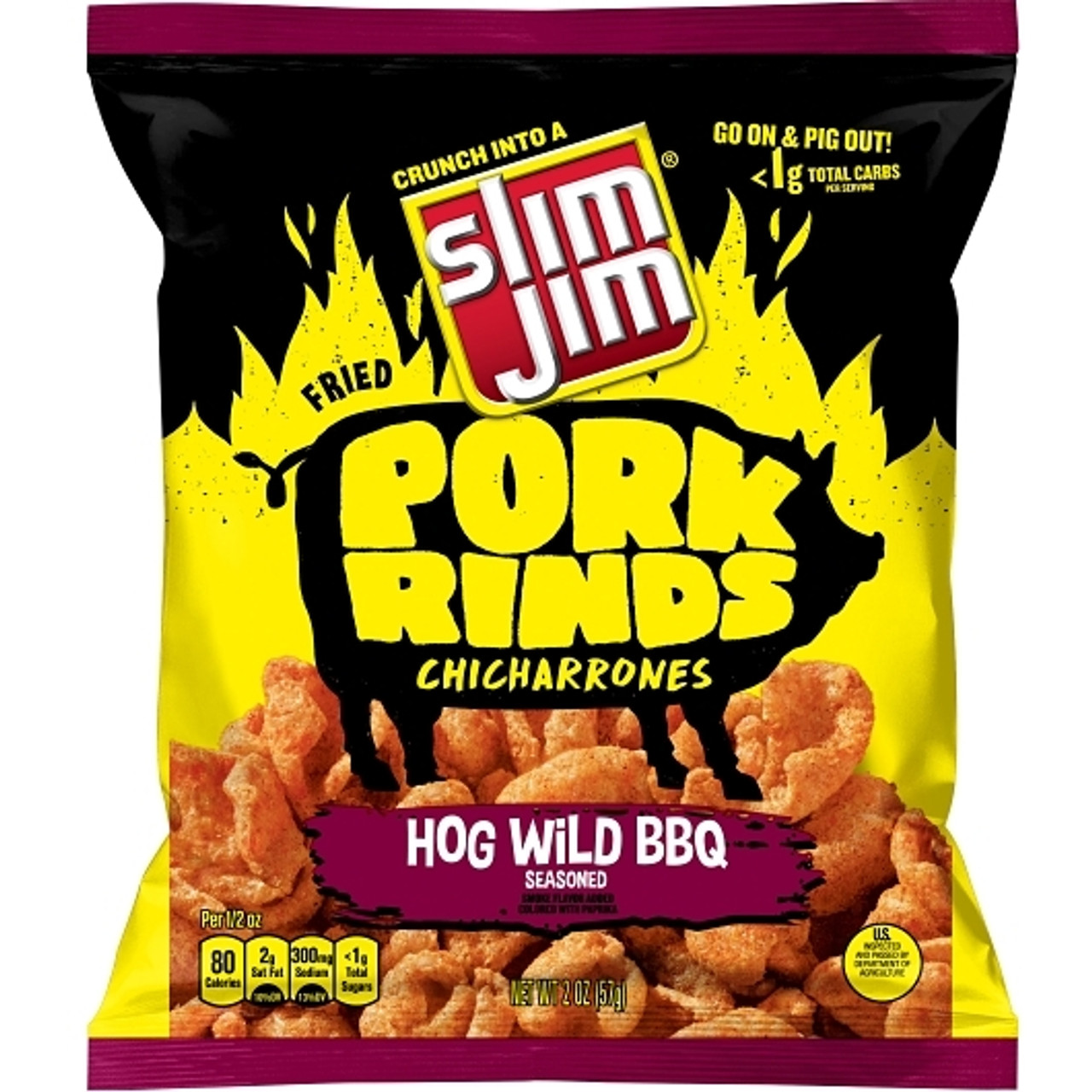 Slim Jim Pork Rind Hog Wild Barbecue Fried Snacks, 2 Ounces, 12 Per Case