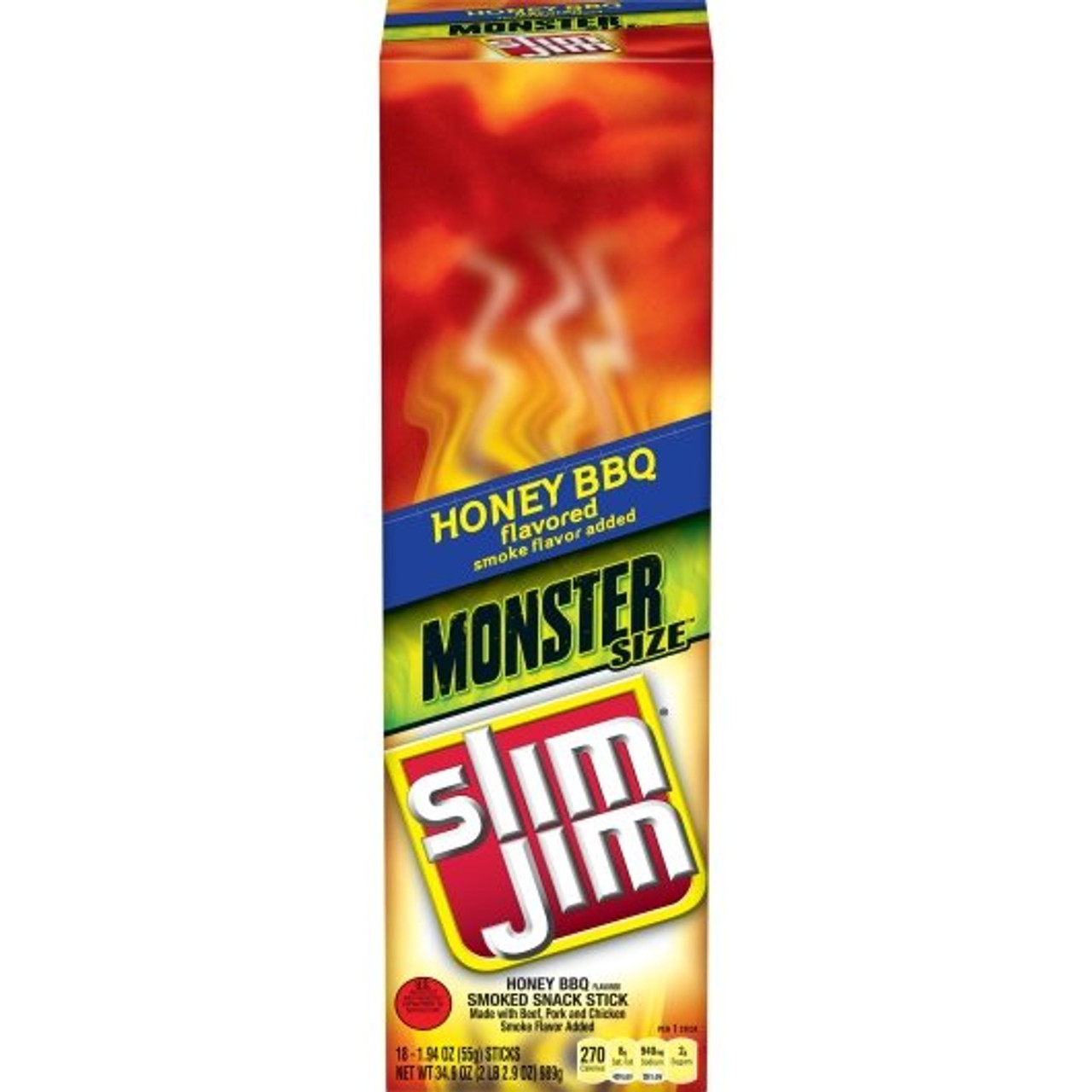 Slim Jim Monster Honey Barbecue Flavored Smoked Meat Snack Sticks, 1.94 Ounces, 18 Per Box, 6 Per Case