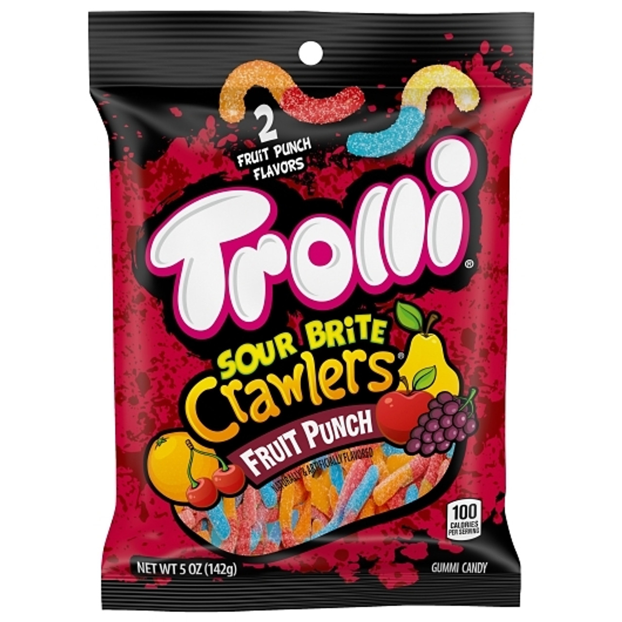 Trolli Fruit Punch Sour Brite Crawlers Gummy Candy Peg Bag, 5 Ounce, 12 Per Case