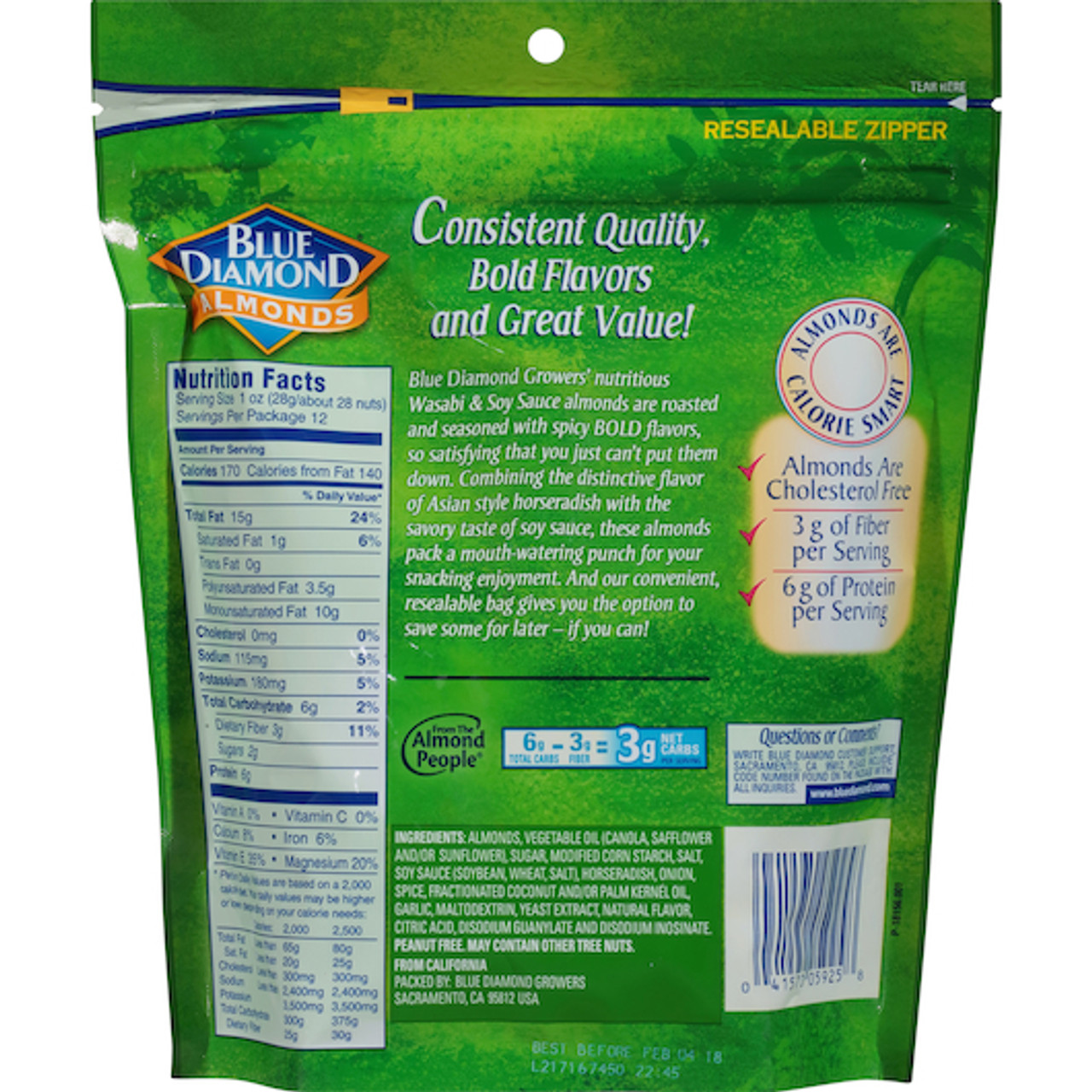 Blue Diamond Almonds Wasabi & Soy Sauce, 12 Ounces, 6 Per Case