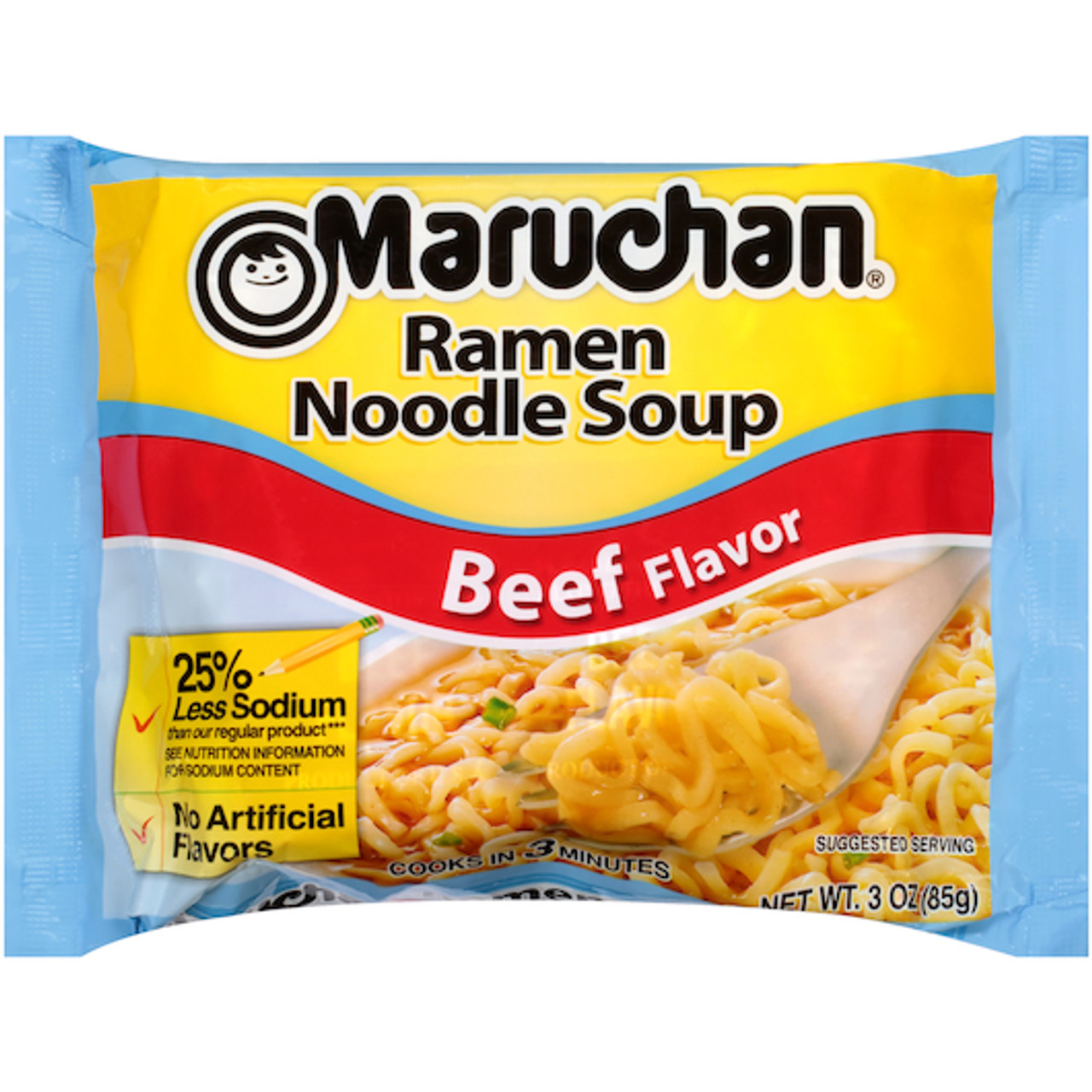 Maruchan Instant 25% Less Sodium No Artificial Flavor Beef Flavored Ramen Noodle Soup, 3 Ounces, 24 Per Case