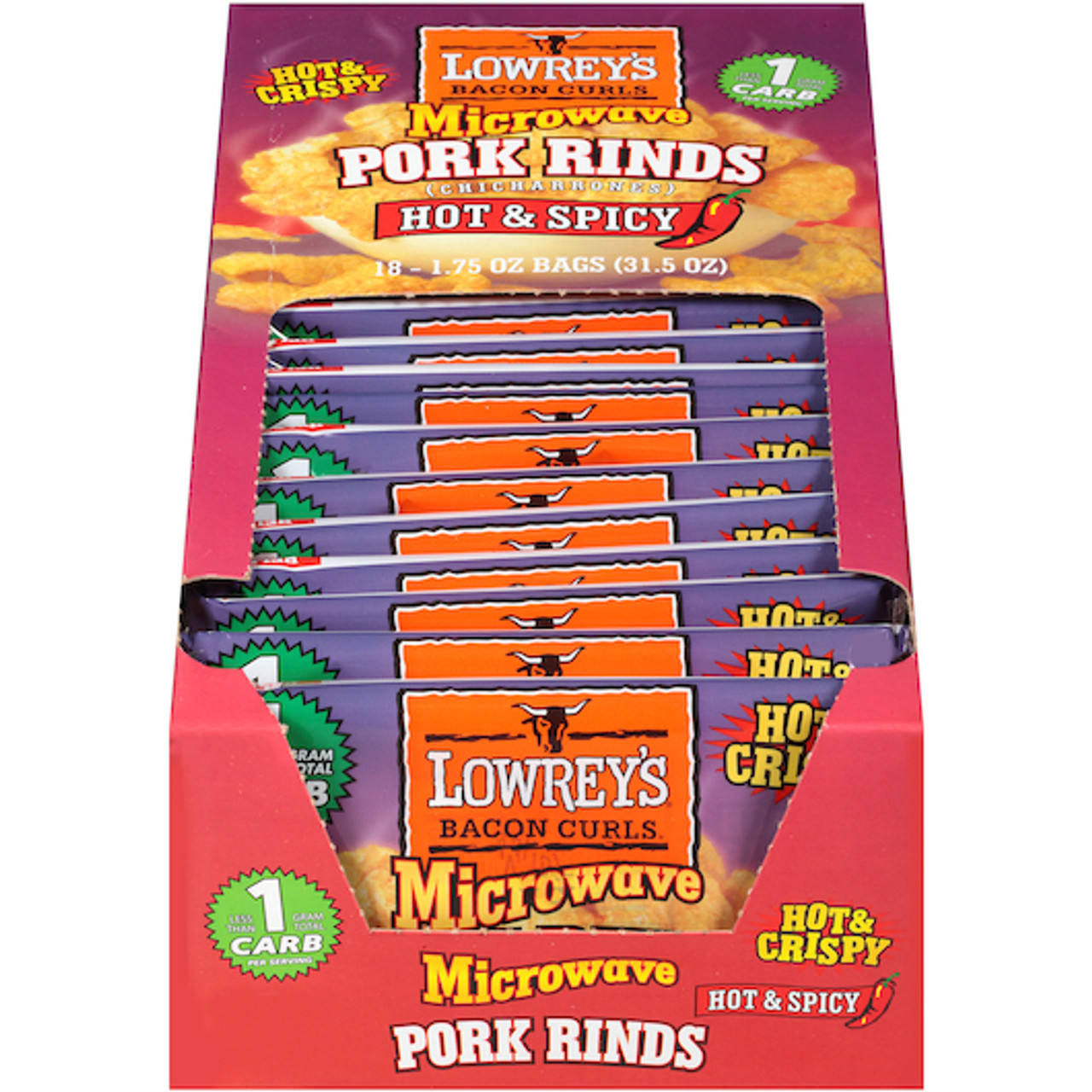 Lowreys Bacon Curls Spicy, 1.75 Ounces, 18 Per Box, 2 Per Case