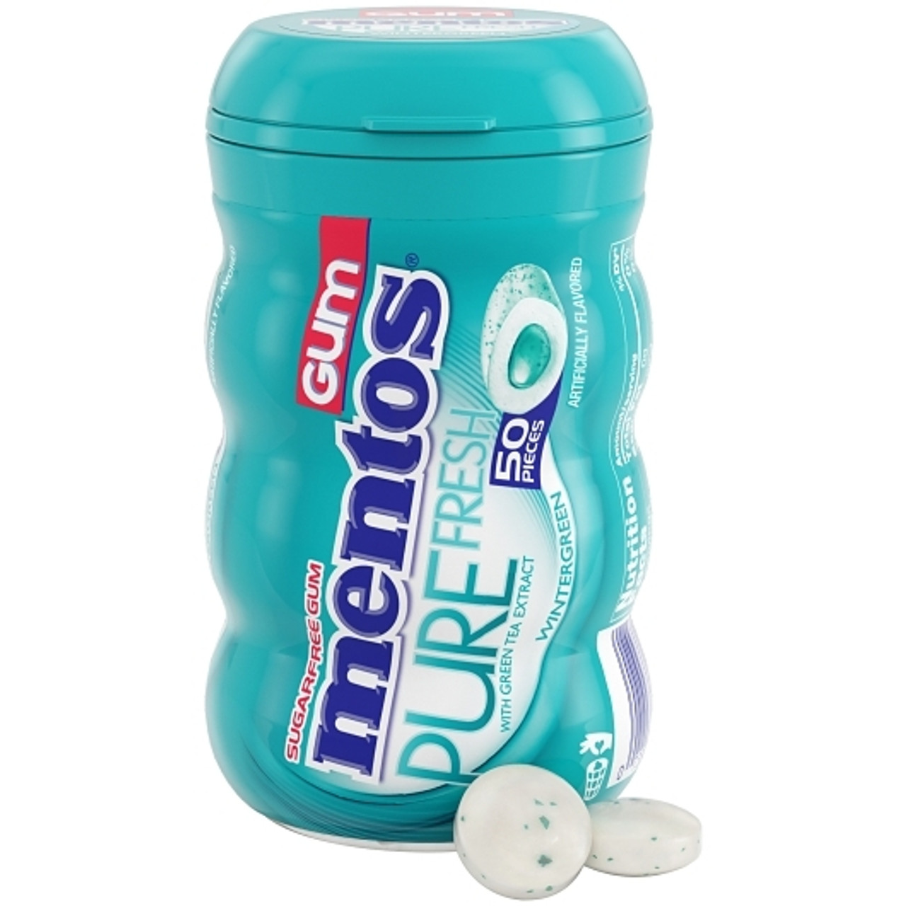 Mentos Sugar Free Pure Fresh Gum Wintergreen Curvy Bottle, 50 Piece, 4 Per Box, 6 Per Case