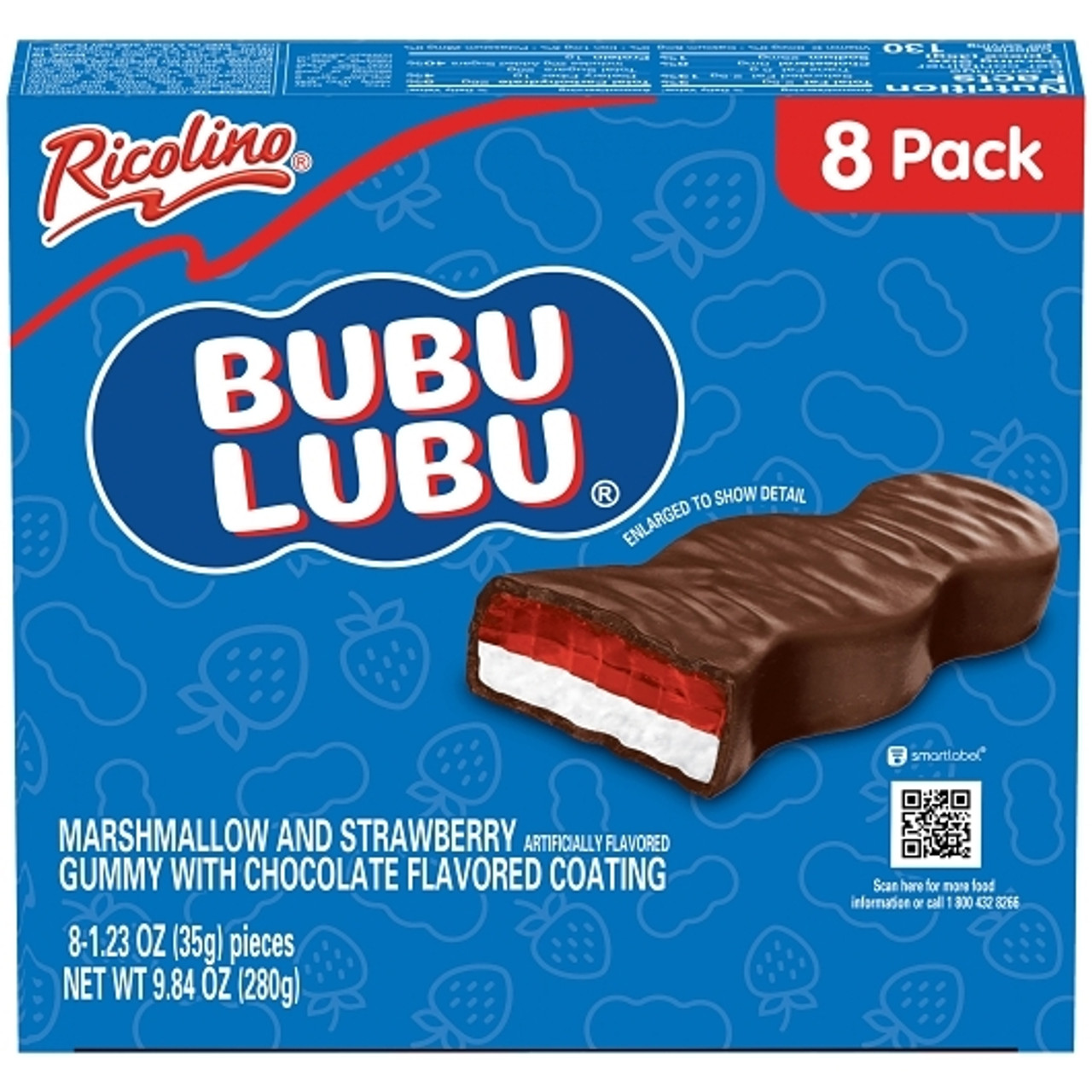 Bubulubu Ricolino Strawberry Marshmallow Bar with Chocolate Flavored Coating, 96 per case