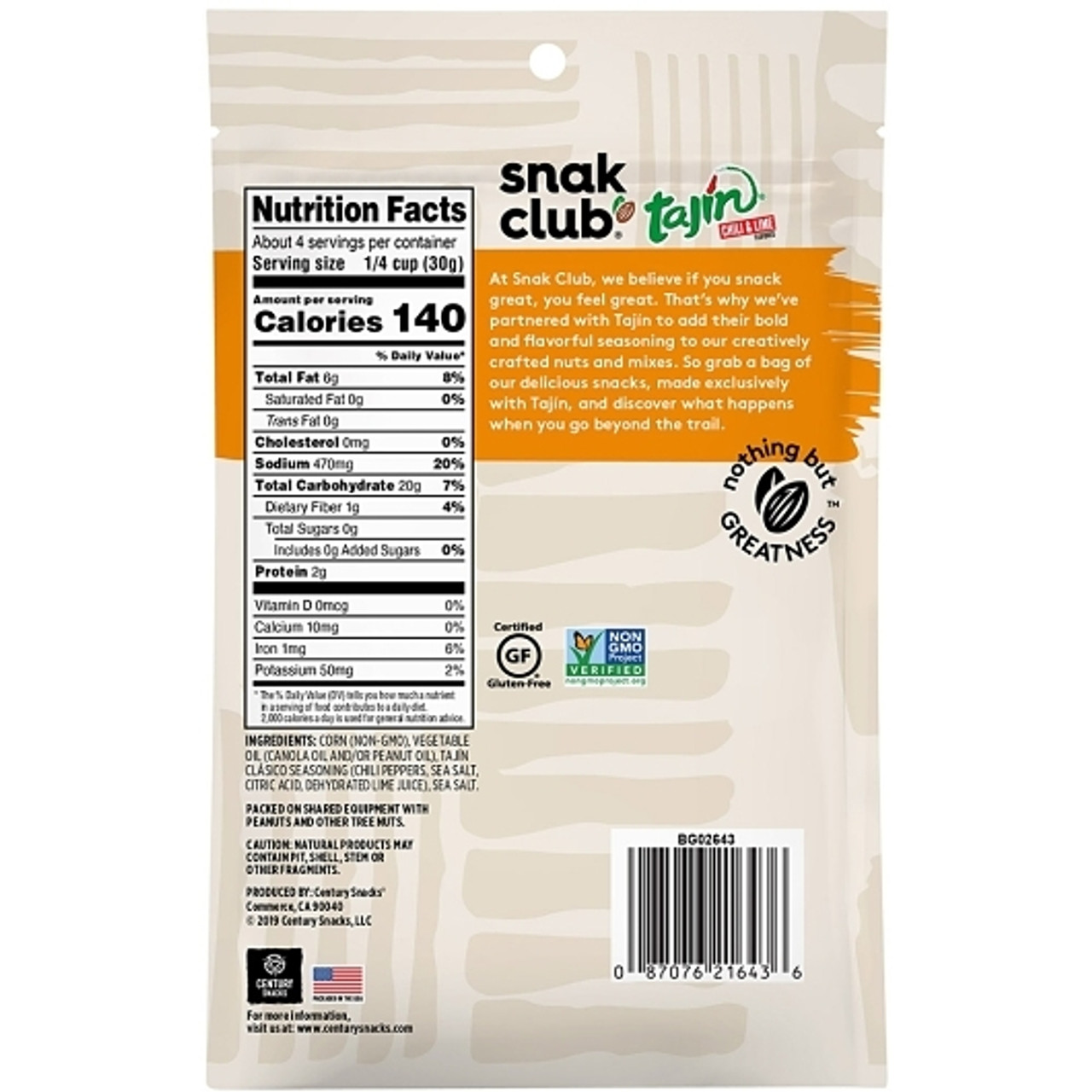 Snak Club Century Snacks Resealable Tajin Classico Toasted Corn, 4 ounce, 6 Per Case