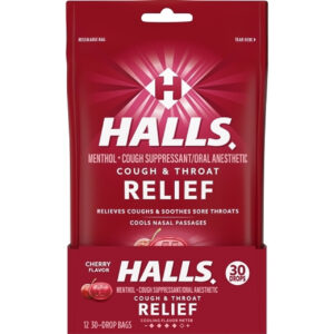 Halls Bag Cherry Cough Drops, 30 Count, 12 Per Box, 4 Per Case