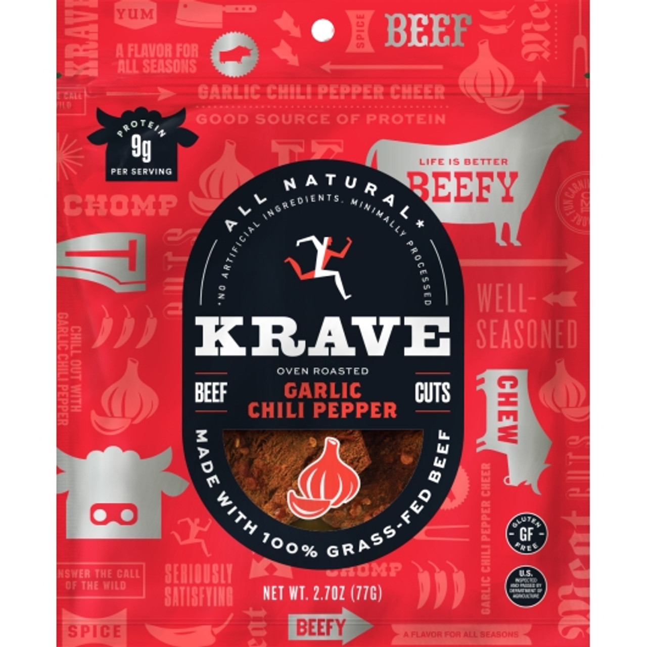 Krave Gourmet Garlic Chili Pepper Beef Cuts, 2.7 Ounces, 8 Per Case