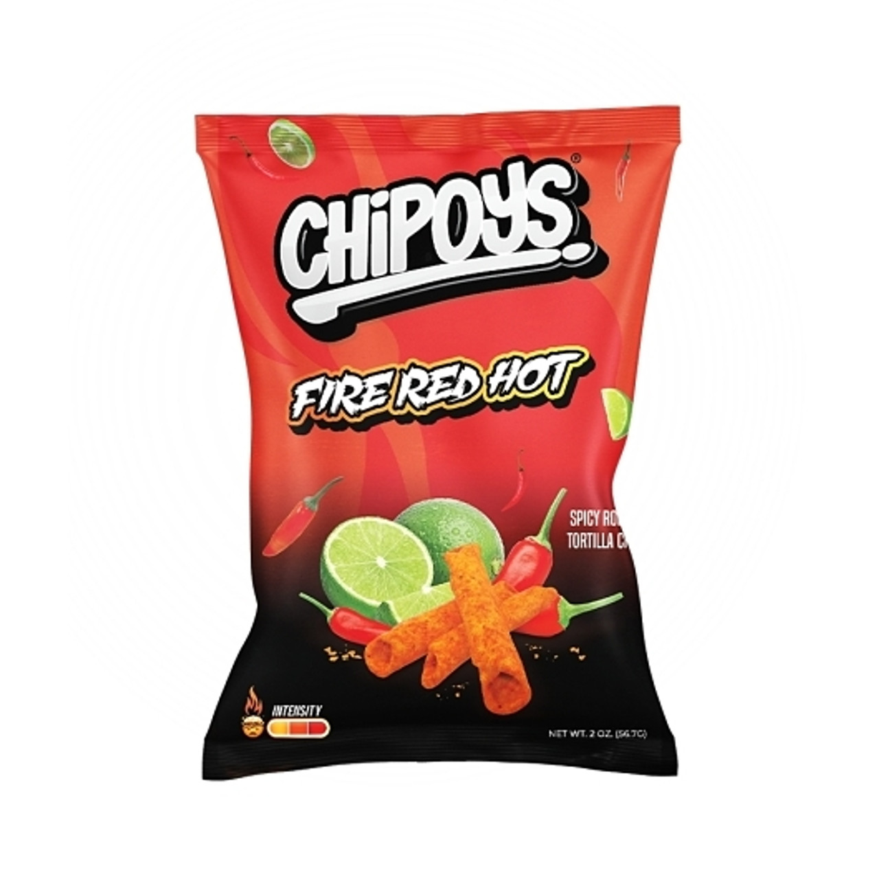 Chipoys Fire Red Hot Spicy Rolled Tortilla Chips, 2 Ounce, 10 Per Box, 12 Per Case
