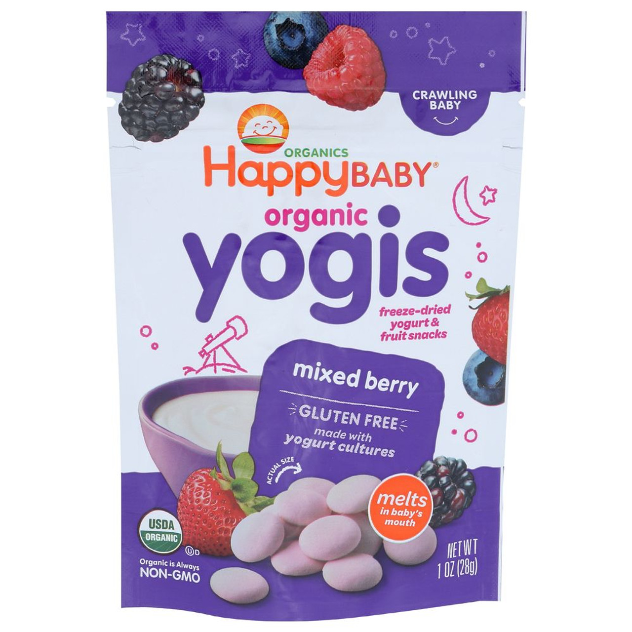 Happy Baby Organic Yogis Freeze-Dried Yogurt & Fruit Snacks Mixed Berry, 1 Ounce, 8 Per Case