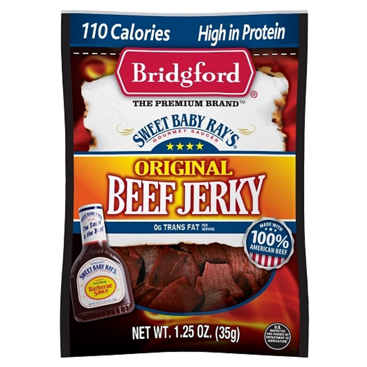 Bridgford Sweet Baby Rays Original Beef Jerky, 1.25 Ounce, 8 Per Box, 6 Per Case