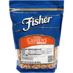 Fisher Roasted Whole Cashews No Salt, 32 Ounce, 3 Per Case