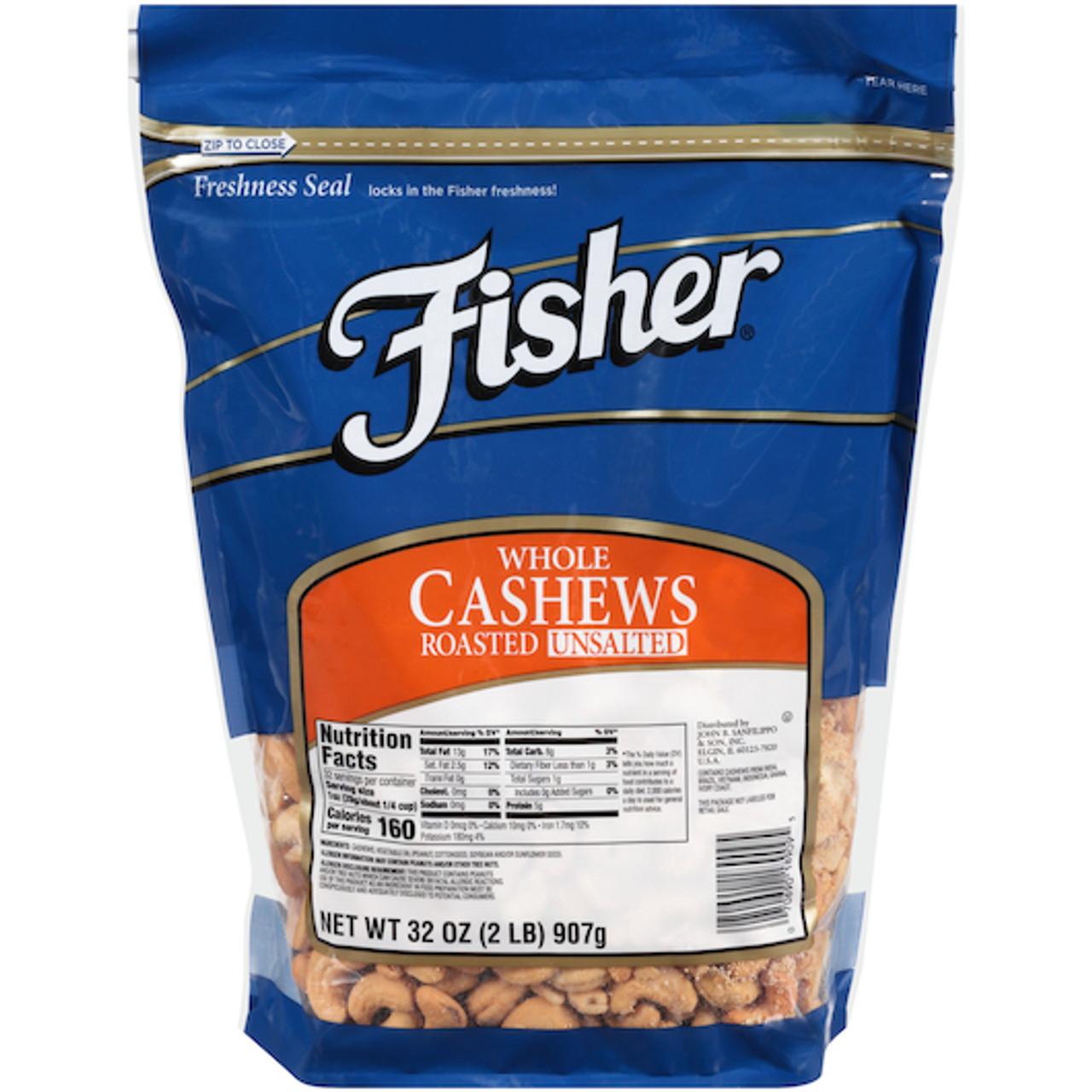 Fisher Roasted Whole Cashews No Salt, 32 Ounce, 3 Per Case