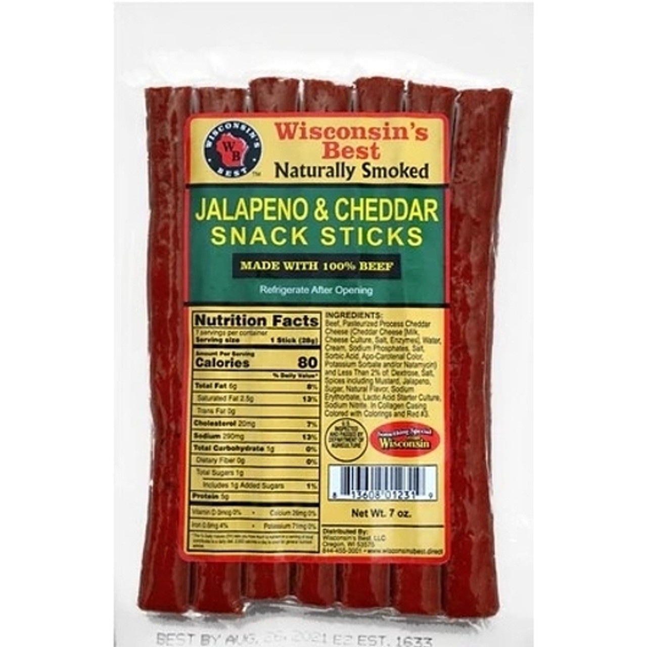Wisconsins Best Jalapeno & Cheddar Beef Snack Sticks, 7 Ounce, 12 Per Case