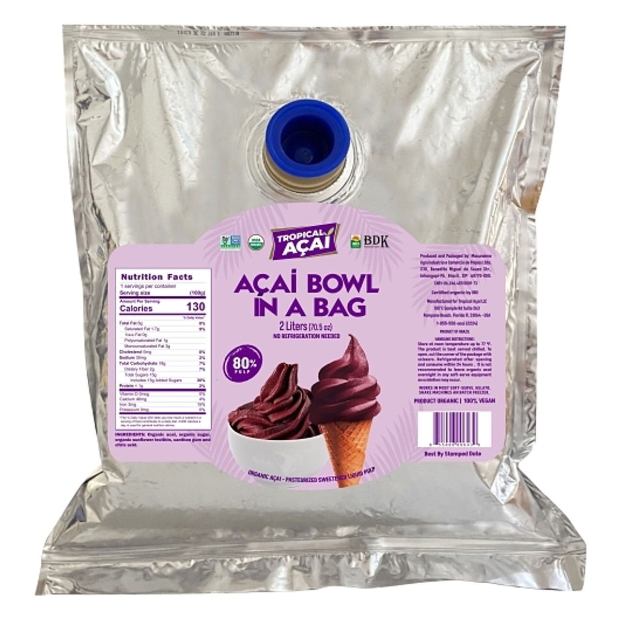 Tropical Acai Organic, Pasteurized, Sweetened Liquid Pulp Acai Bowl In A Bag, 4 Per Case