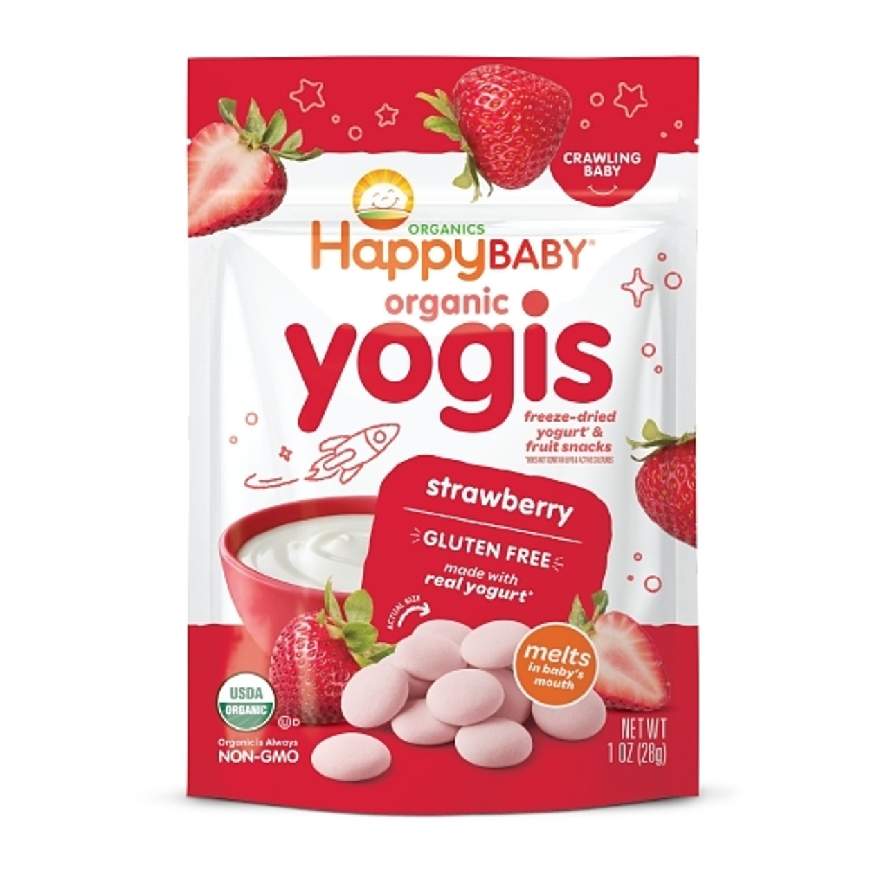 Happy Baby Organic Yogis Freeze-Dried Yogurt & Fruit Snacks Strawberry, 1 Ounce, 8 Per Case