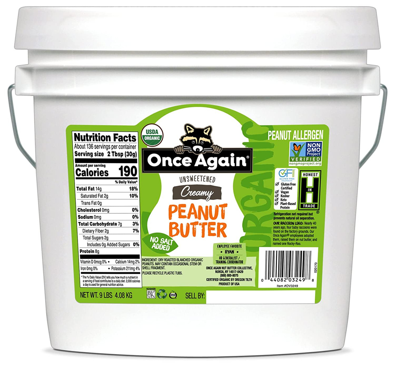 Once Again Organic Unsweetened Creamy Peanut Butter, 9 Pounds