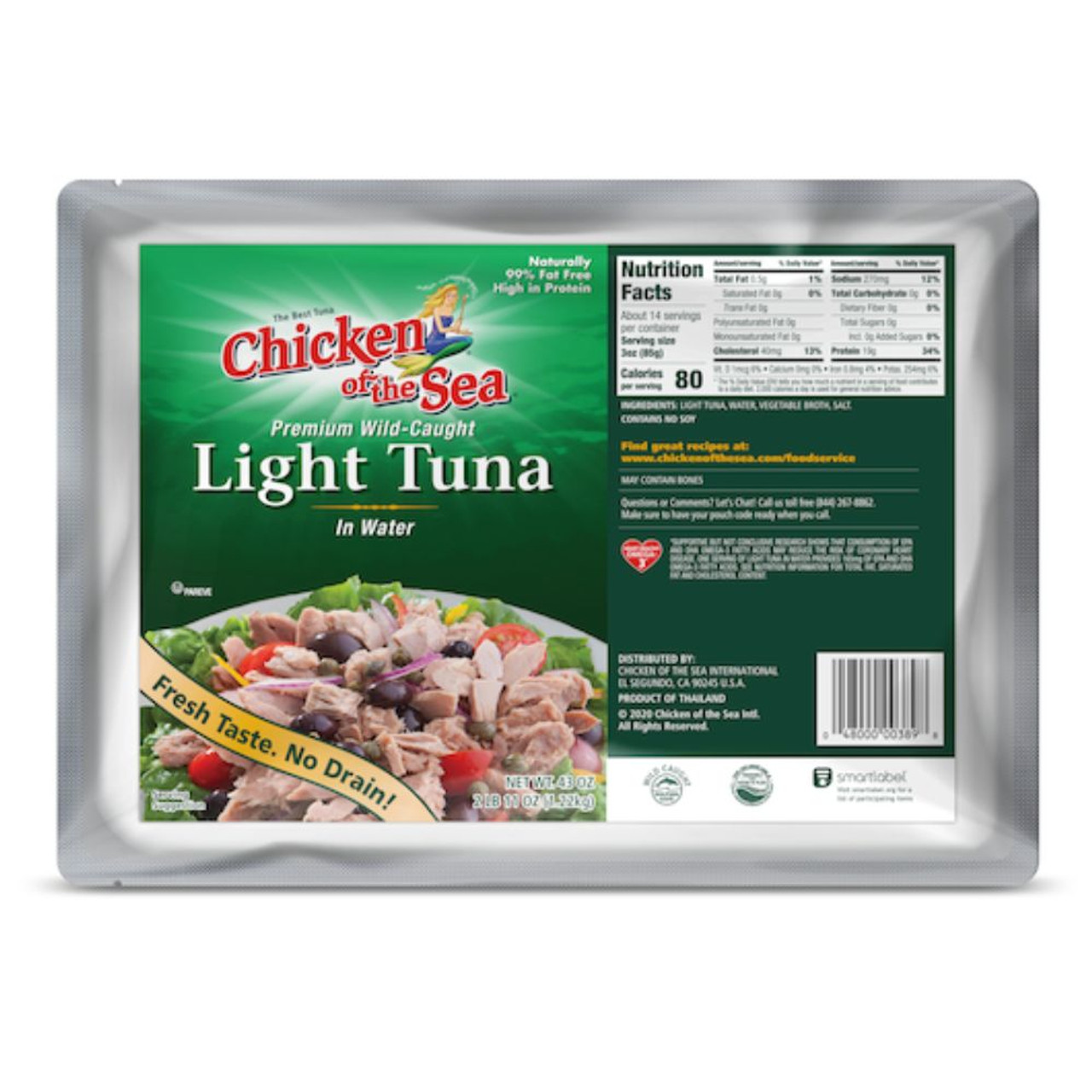 Chicken of the Sea Premium Wild Caught Light Tuna, 43 Ounce Pouch, 6 Per Case