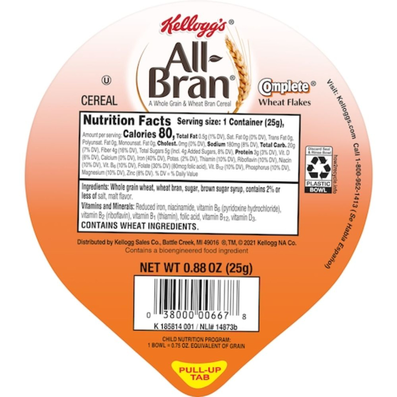 Kellogg All Bran Complete Wheat Flakes Cereal, 0.88 Ounces, 96 Per Case