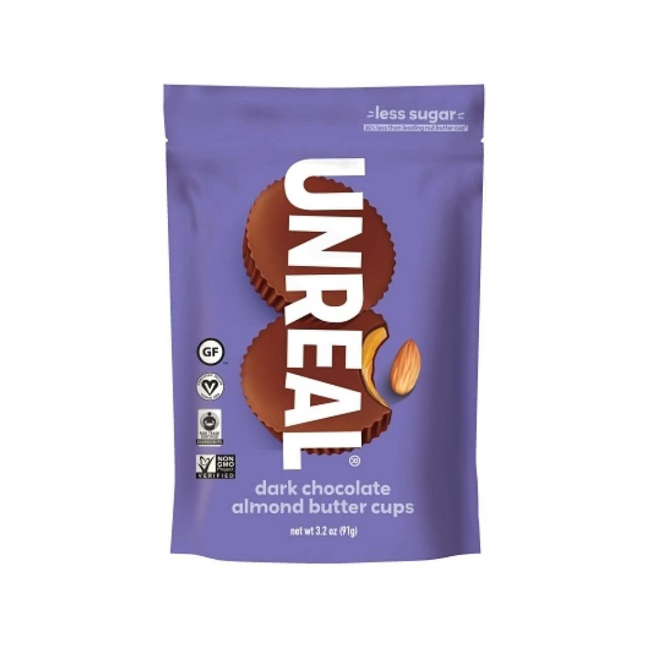 Unreal Candy Dark Chocolate Almond Butter Cups Bag, 3 Ounce, 6 Per Case
