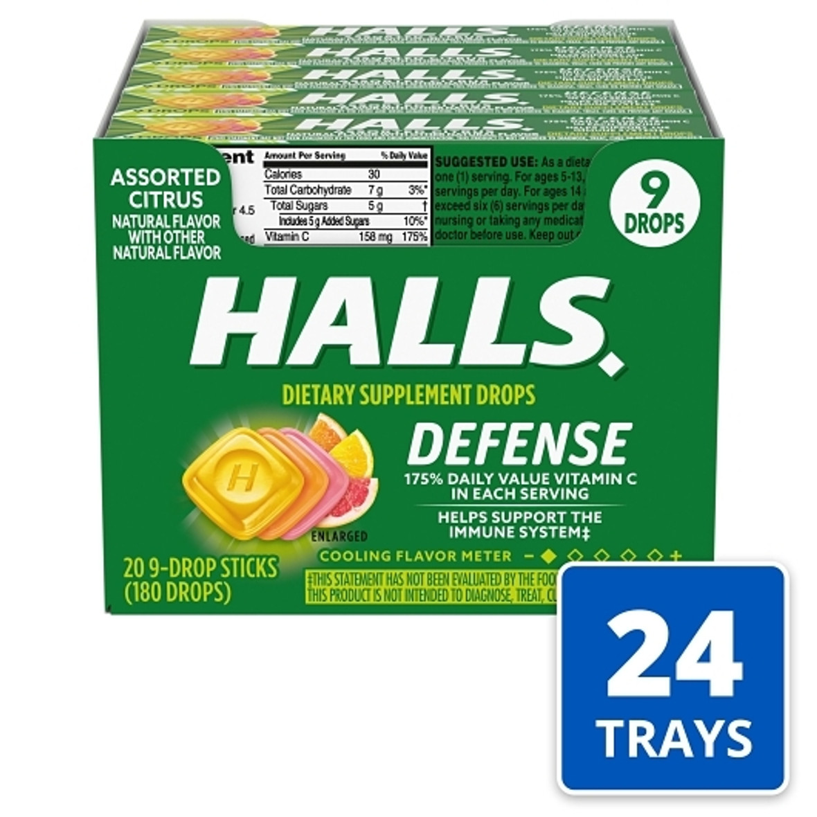 Halls Defense Citrus Cough Drops, 30 Count, 12 Per Pack, 4 Per Case