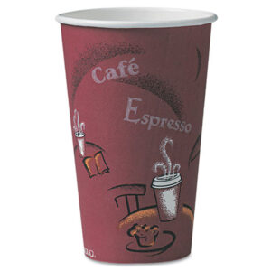 Solo Paper Hot Drink Cups In Bistro Design, 10 Oz, Maroon, 300/carton